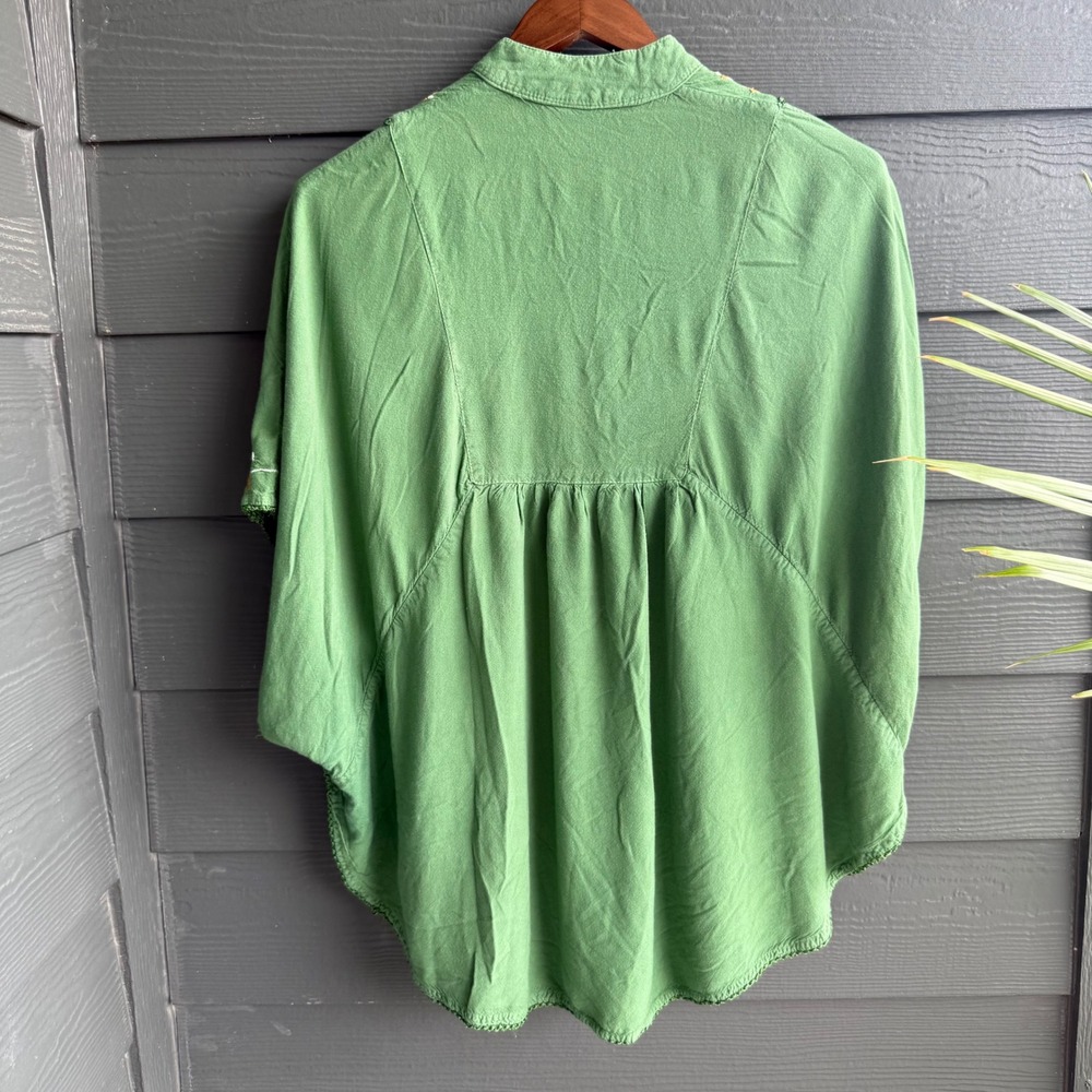 Kelly Green Embroidered Floral Boho Peasant Tunic Top Sz Large Oversized Poncho - Picture 2 of 9
